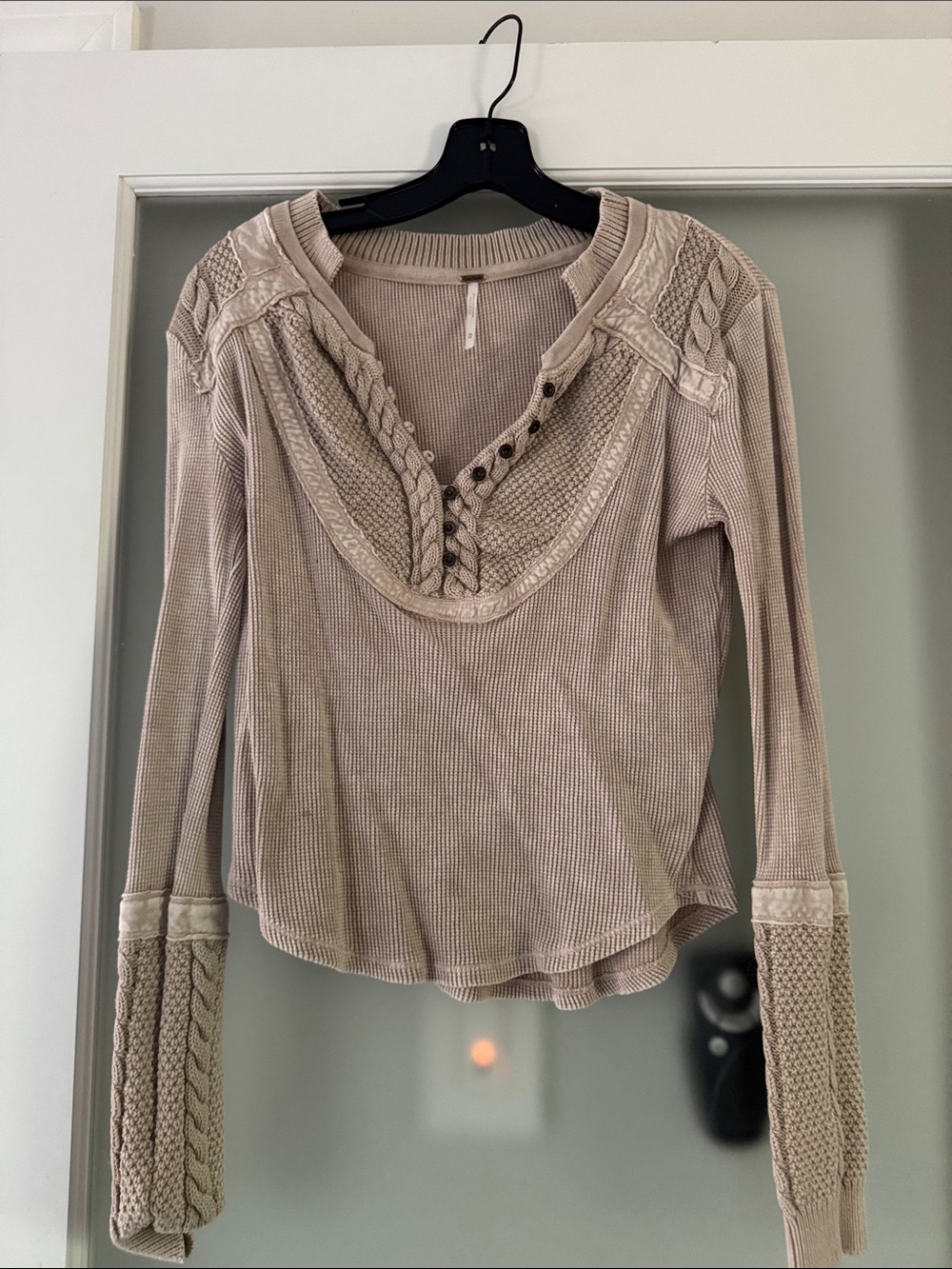 Free People Taupe Waffle Knit Cable-Trim Long Sleeve Top